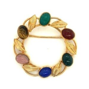 Vintage 14k Gold Filled V.D. Van Dell Carved Scarabs Multi Colored Stones 0766